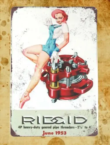 1953 Rigid Pipe Threaders Pinup tin metal sign in interior design sign