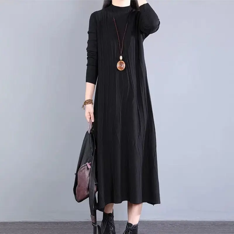 Long Slimming Dress with Inner and Outer Fur Autumn and Winter Base Knitted Dress Retro Artistic Knitted New Style Dresses