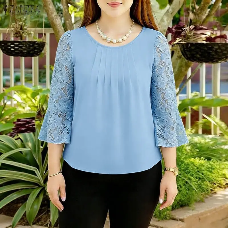 

2026 ZANZEA Summer Lace Patchwork Blouse Stylish Women O Neck 3/4 Sleeve Tops Elegant Work Shirt Pleated Blusas Holiday Mujer