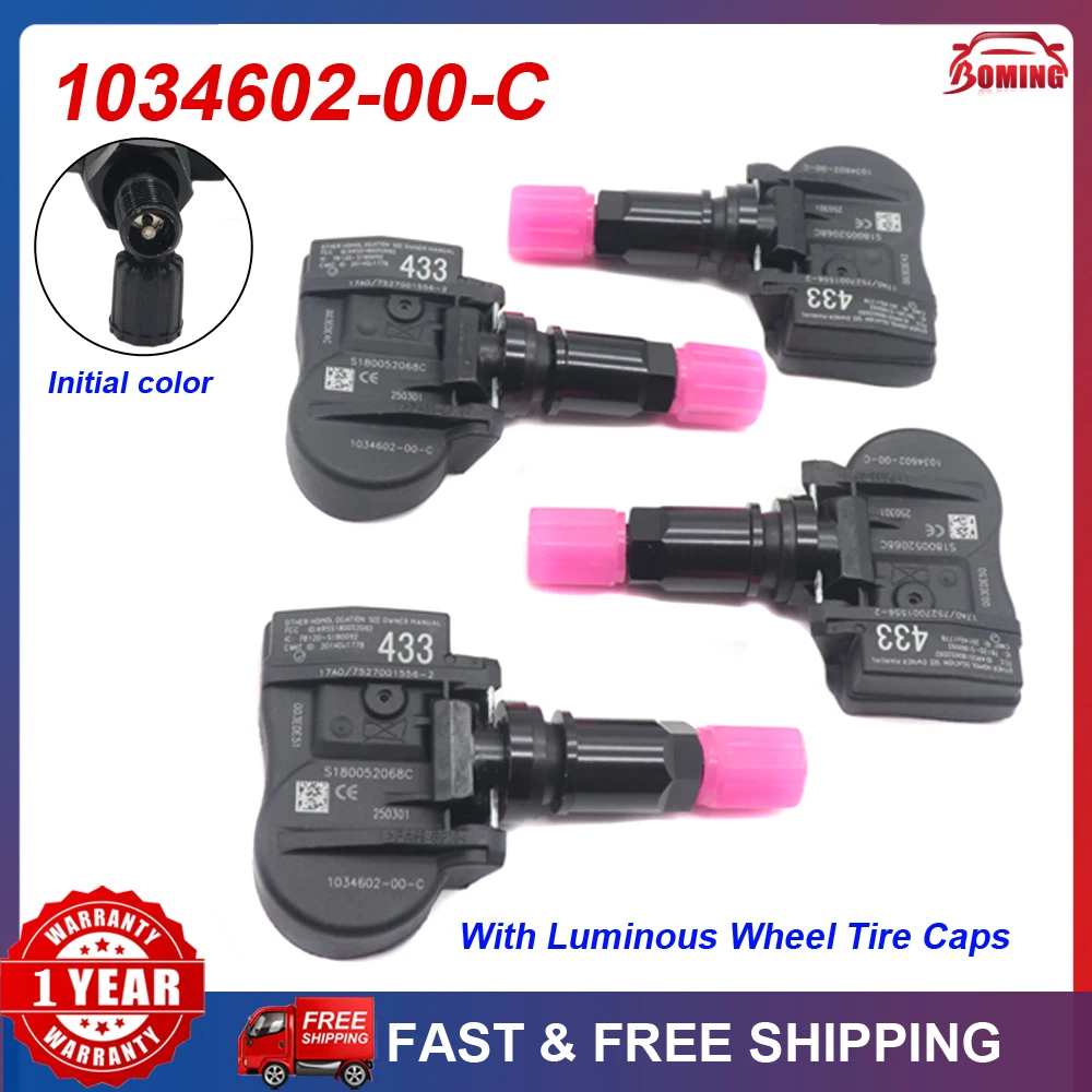 Capteur de pression des pneus de voiture, 433MHz TPMS 1034602-00-C avec capuchon de pneu lumineux pour Tesla modèle S modèle 3 modèle X, 4 pièces