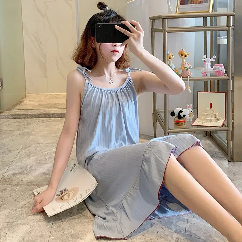 Soft Women Fashion Nightgown Pajama Girls Casual Loose Spaghetti Strap Solid Color Loungewear Dress Lady Loose Nightdress Pajama