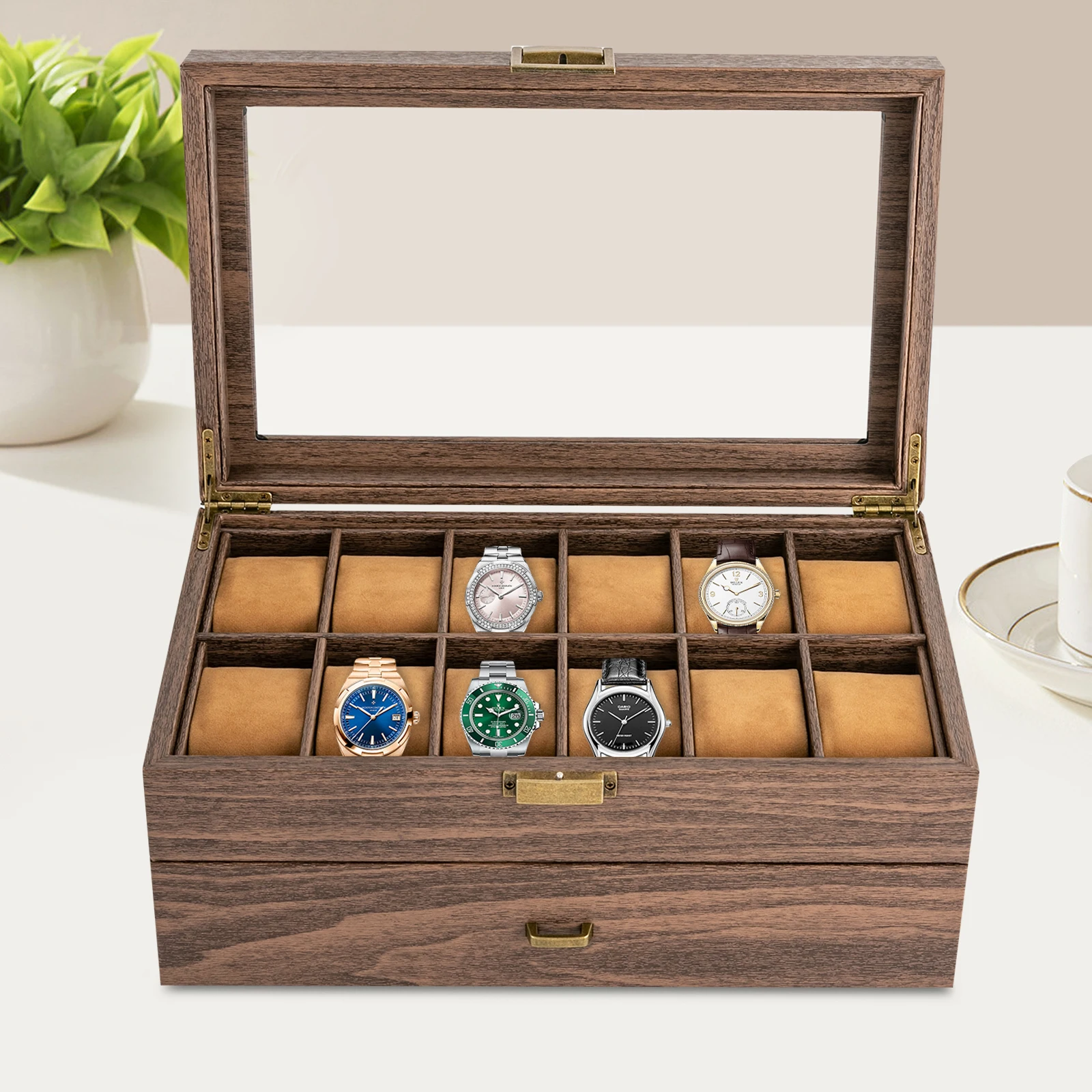 24 Compartments Double Wood Grain Watch and Glasses Storage Case, Decoration Display Box with Glass Lid for Glasses, Watches