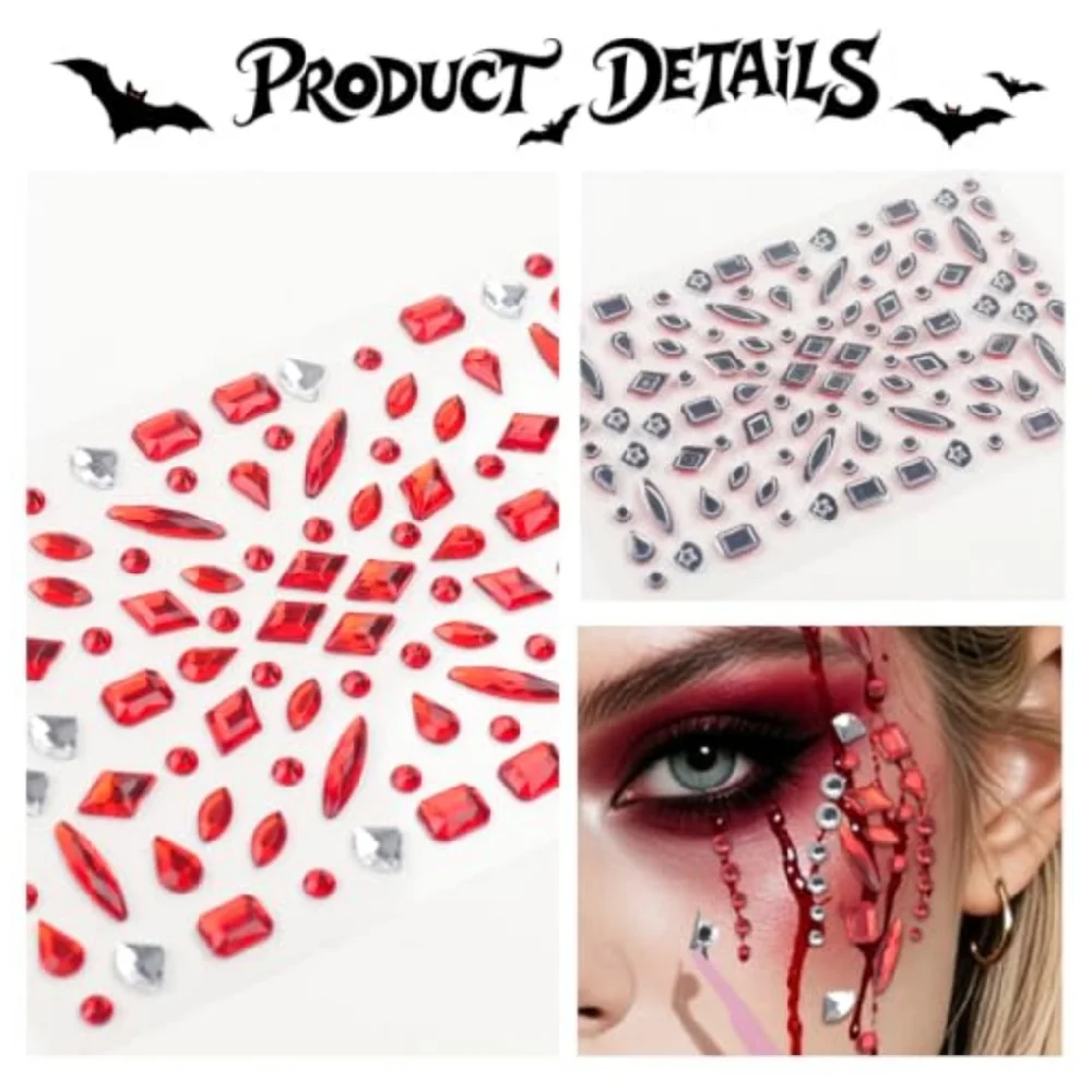 Halloween Red Blood Drop Self Adhesive Face Gems Stickers Set Red Clear Rhinestone Face Jewels for Party Makeup with Tweezers - view 3