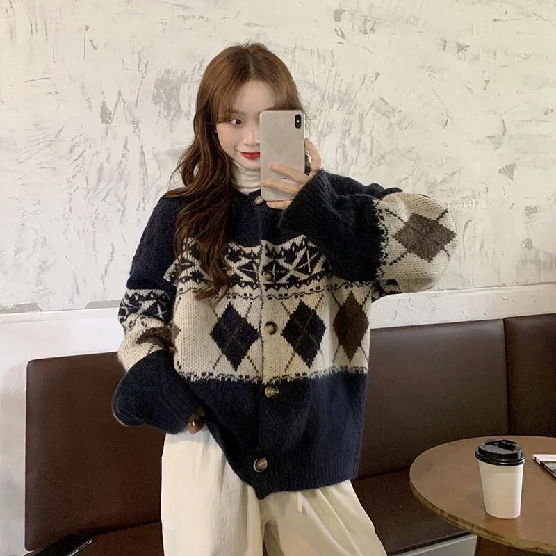 HELIAR Korean Patchwork Cardigan Sweaters Women Lazy Wind Vintage Argyle Long Sleeve Knitted Coat Casual O Neck Female Print Top