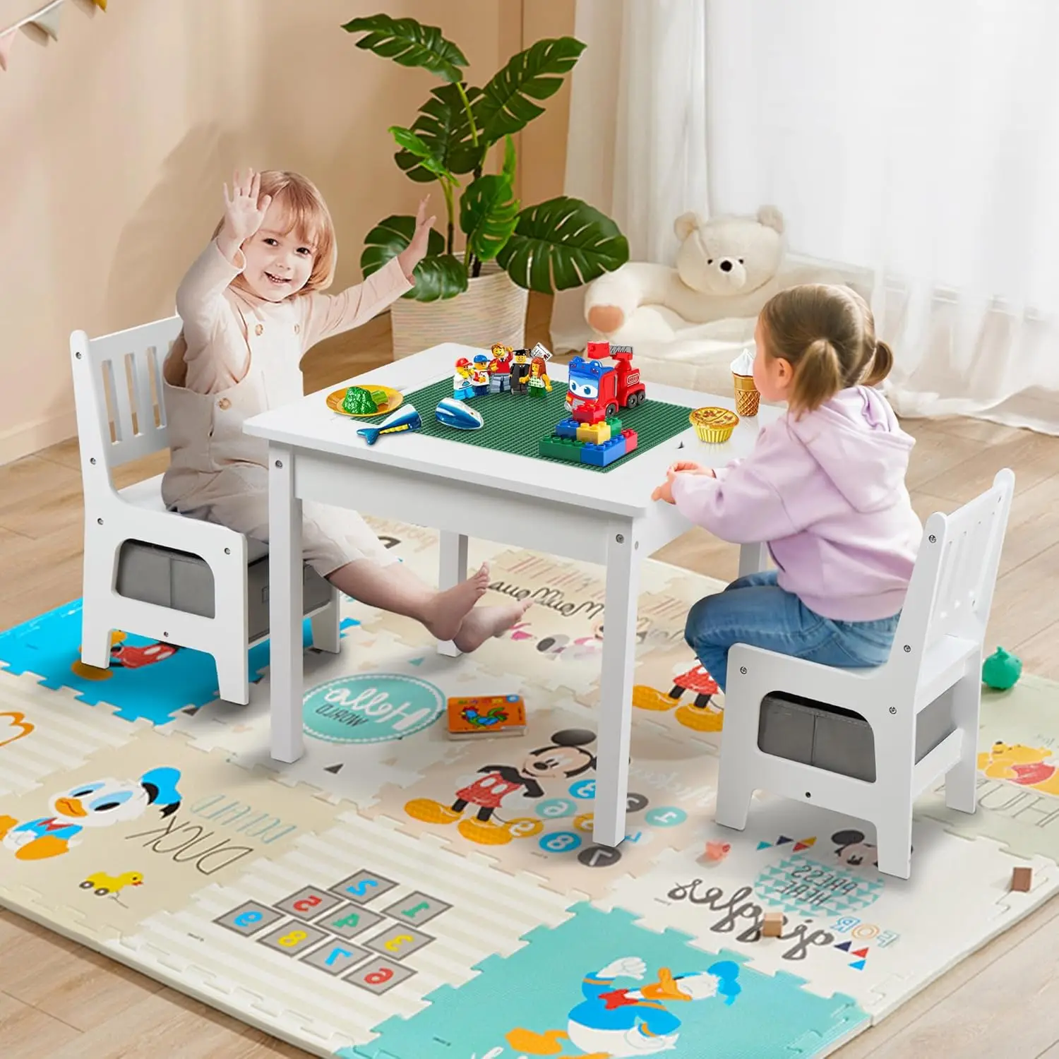 Kids Play Table and 2 Chair Set, 2 in 1 Wooden Activity Table w/Storage, Compatible with Lego and Duplo Bricks