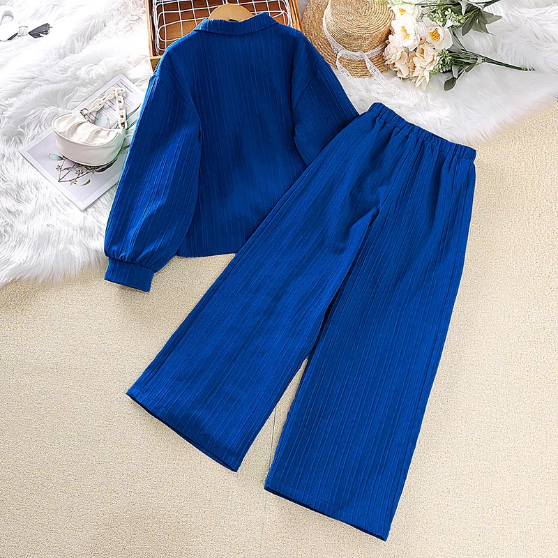 Girls Clothes Sets 8-12 Years Blue Long Sleeve Top + Blue Pants For Girls Spring Autumn Korean Style Suits Casual Clothes Sets