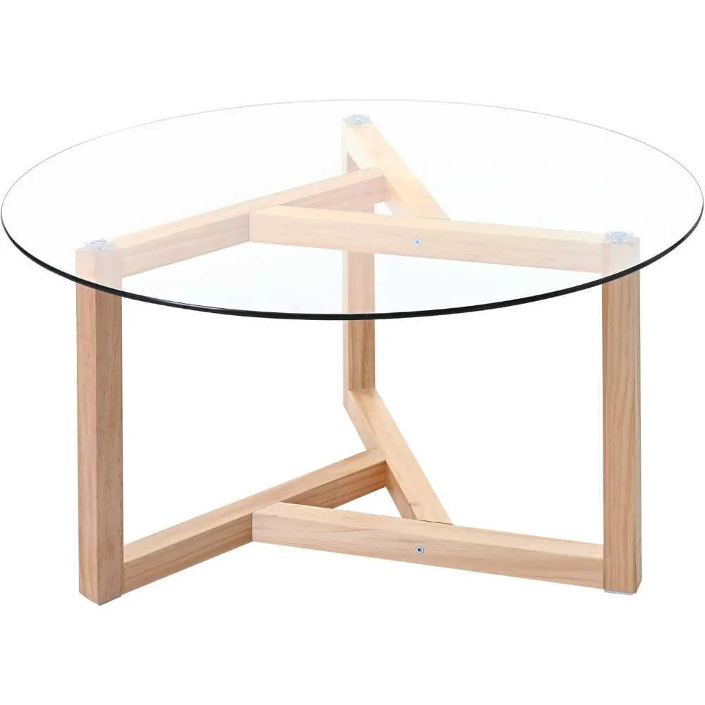 Round Glass Coffee Table Modern Cocktail Table Easy Assembly with Tempered Glass Top & Sturdy Wood Base, Espresso