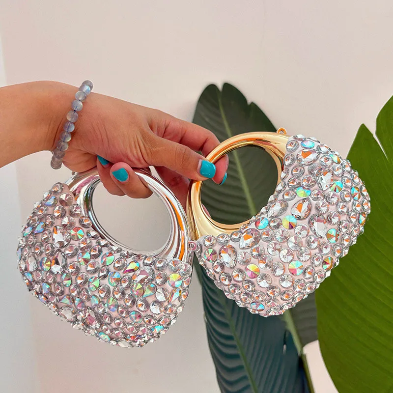 New Fashion Women Diamond Handbags and Purses Acrylic Luxury Party Evening Bag Half Moon Fashion Shoulder Bag