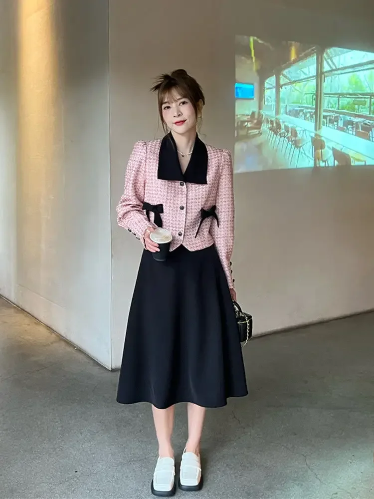 

Insozkdg French Chic Style Skirt Suits Women Spring-Autumn High-end Long Sleeved Coat + Black Half-skirt Two-Piece Sets Ensemble