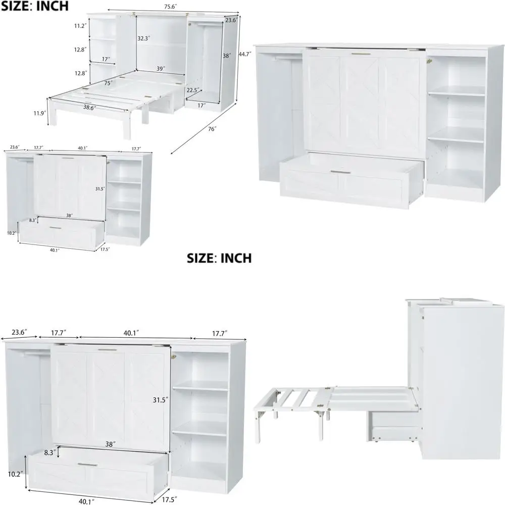 Twin Size Murphy Bed Cabinet with Wardrobe and Storage, Multi-Function Platform Bed or Home Office, White