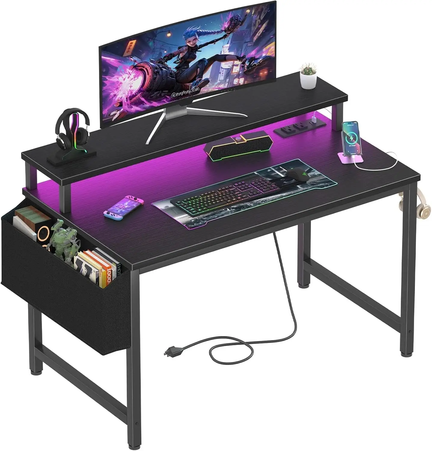 

32 Inch Small Desk with Power Outlets, LED Lights, Monitor Stand & Charging Station for Home Office, Gaming, Study in Black