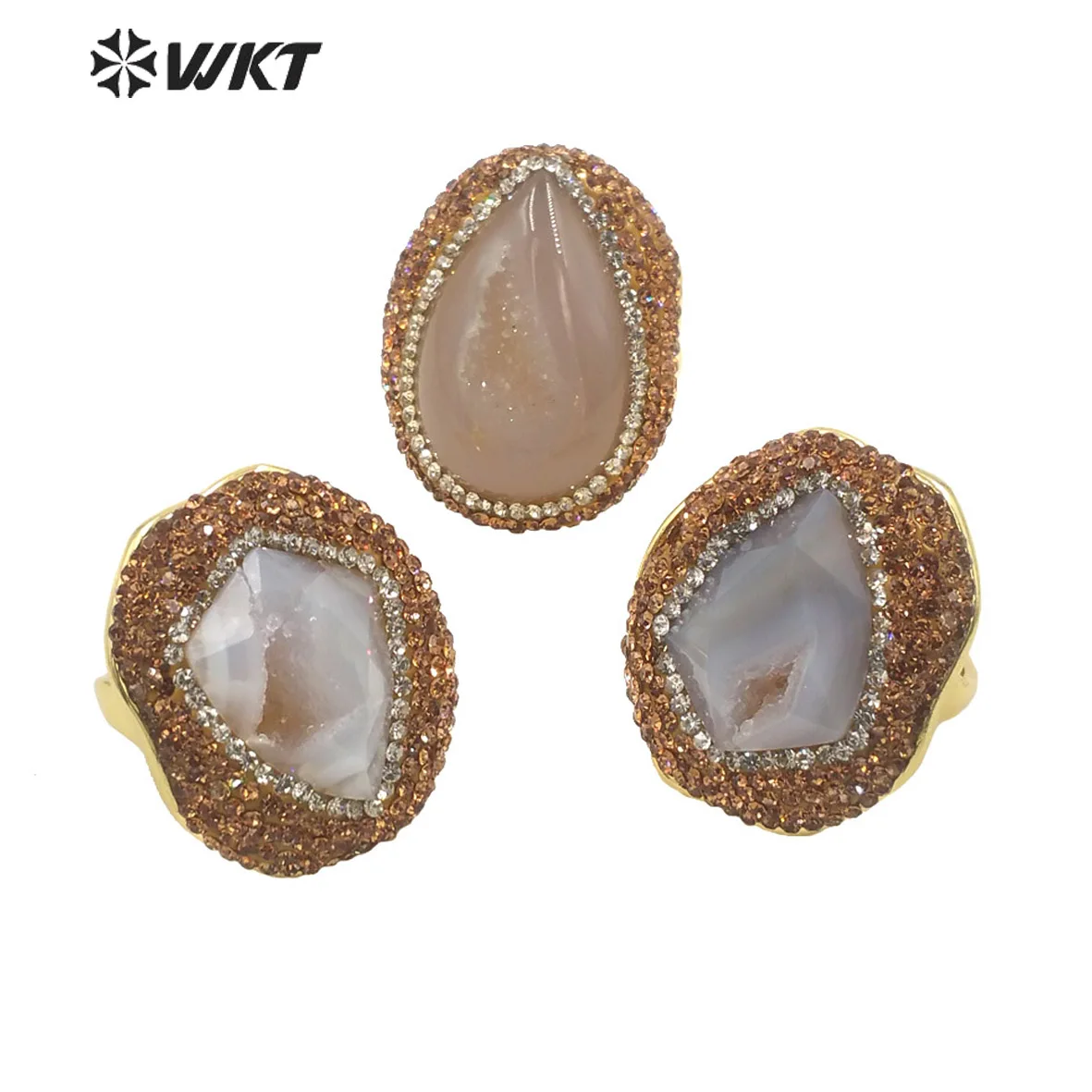 

WT-R497 Vintage Style Geode Agate Rhinestone Ring 18K Gold Plated Yellow Brass Accessory Women Jewel Wedding Party Gift