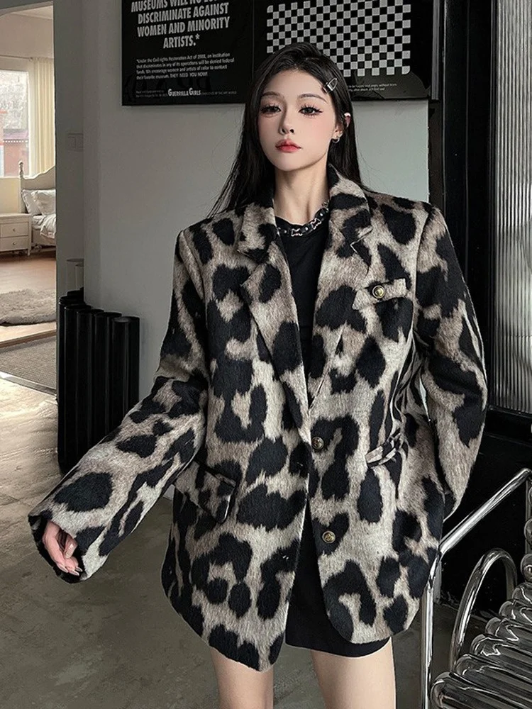 

American Leopard Print Thiened Woolen Suit Jaet Women's Winter Loose Casual High-End Feeling Woolen Top