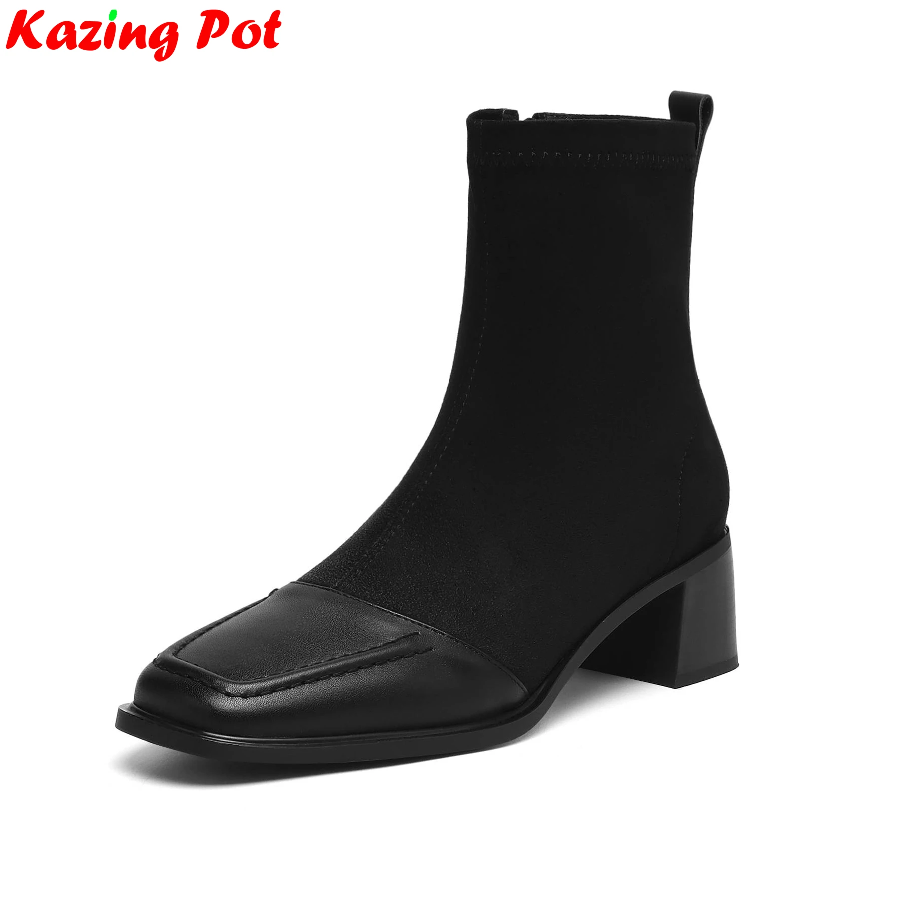 

Plus Size 34-42 Cow Skin Flock High Heels Zipper Modern Stretch Boots Winter Autumn Shoes Retro Brand Dating Women Ankle Boots