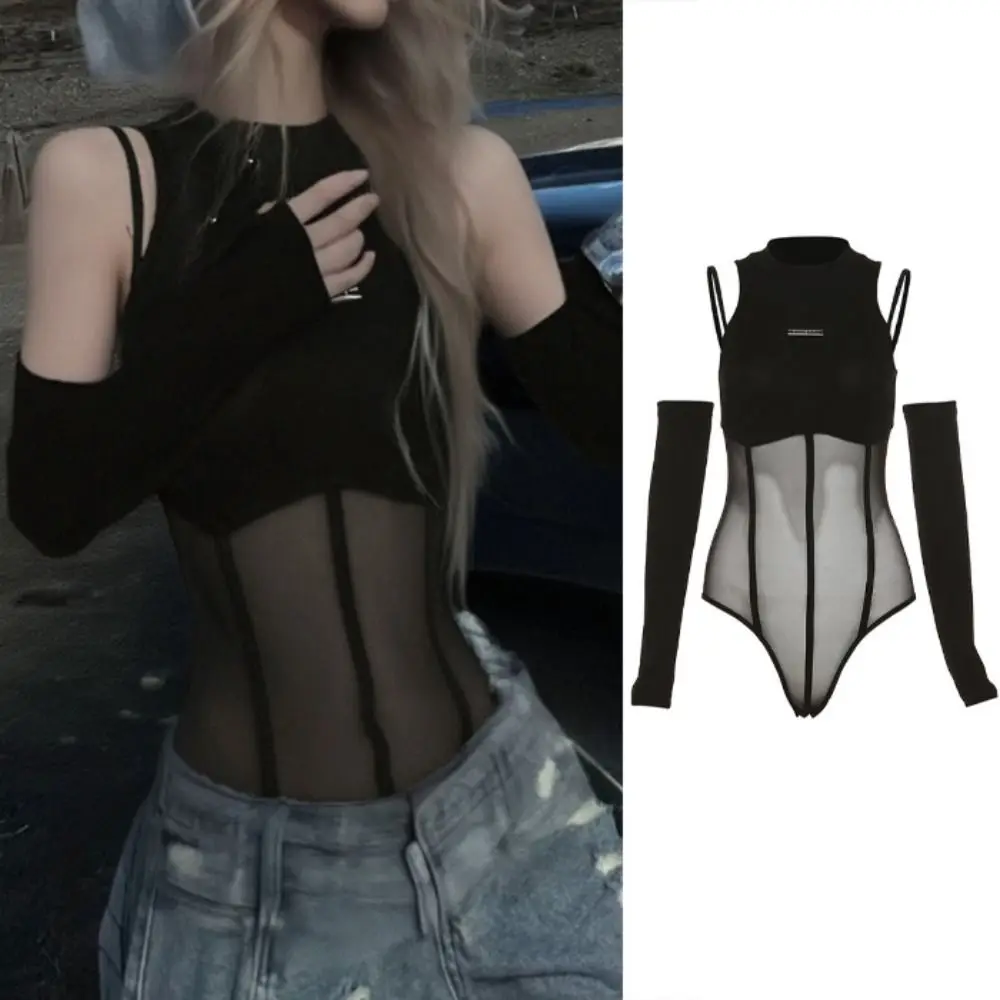 

with Arm Sleeves Lace Slim Bodysuit Skinny Spicy Girl Style Translucent Bodysuit Wrap Round Solid Neck Neck Tee