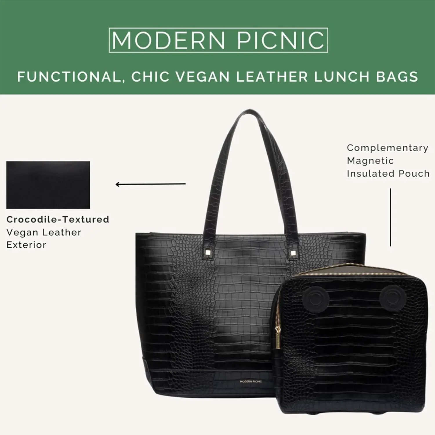 Modern Picnic Vegan Leather Tote Bag for Women, Easily Wipeable, Removable Insulated Pouch For Your Lunch or Snacks, Travel Tote