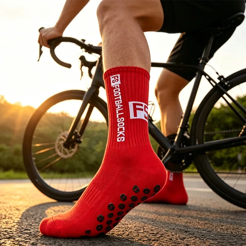 1 Pair Grippy Sports Crew Socks Stylish FS Logo Breathable Non Slip Mid Calf Socks for Football Biking Daily Workout Men Women view 6