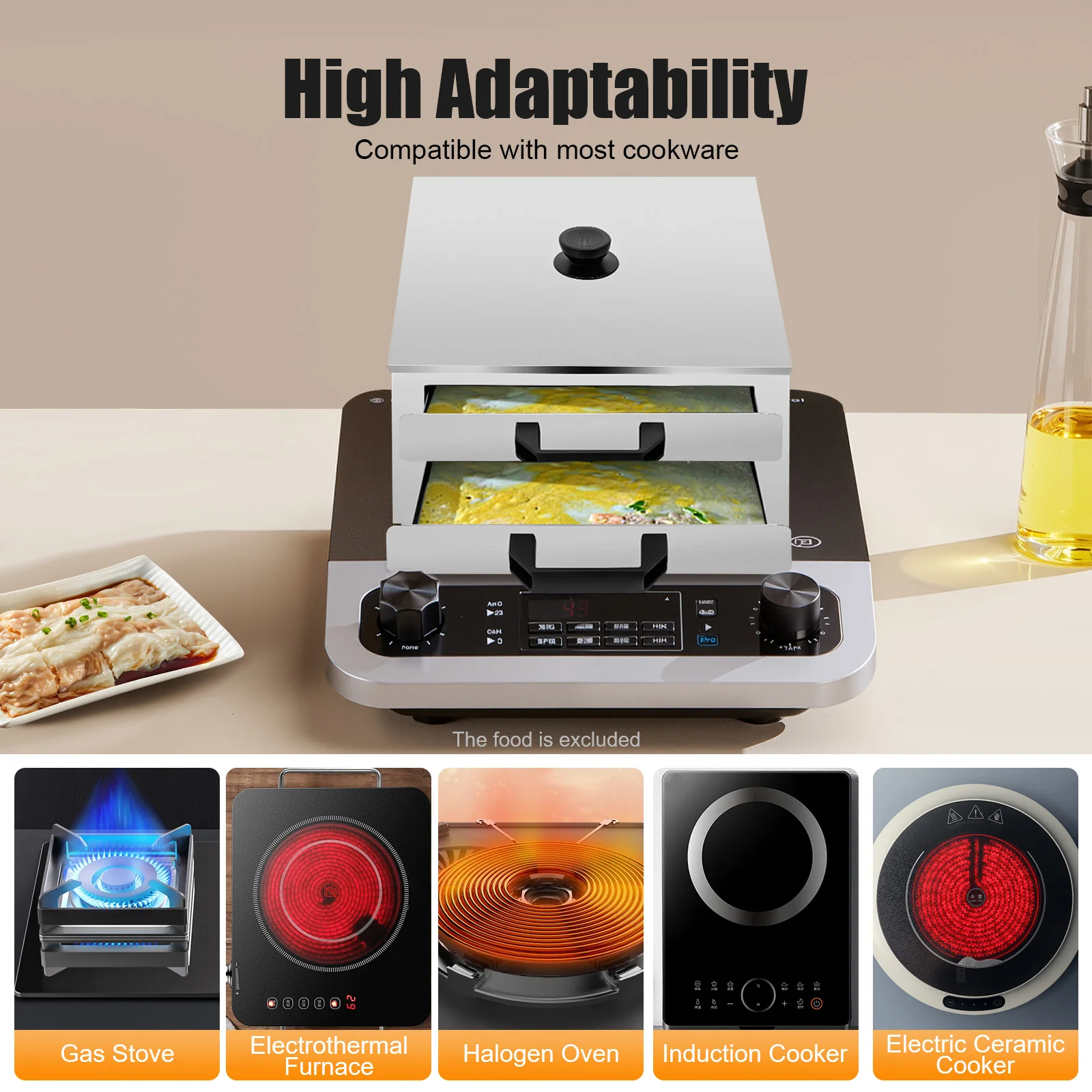 

2-Tier 304 Stainless Steel Rice Noodle Rolls Machine Portable Steamer for Home Breakfast Shop Dumpling Bun Steaming