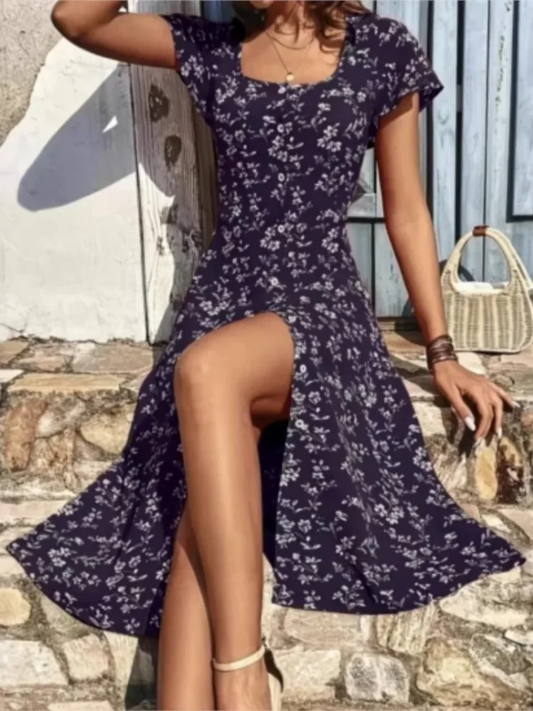 Verão boho vestido de flor para as mulheres nova moda pescoço quadrado manga alargamento midi vestido mulher férias praia casual camisa vestidos