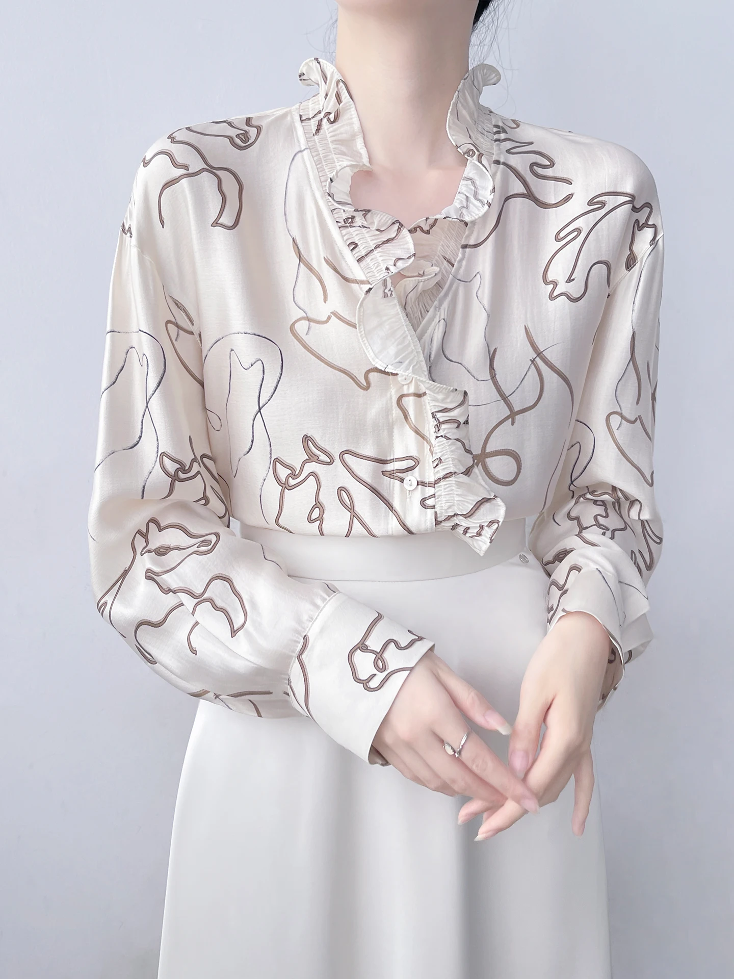 

Korean Luxury Chic Stand Collar Long Sleeve Women's Shirt Fashionable Floral Print Chiffon Top Elegant Feminine Vintage Flounce