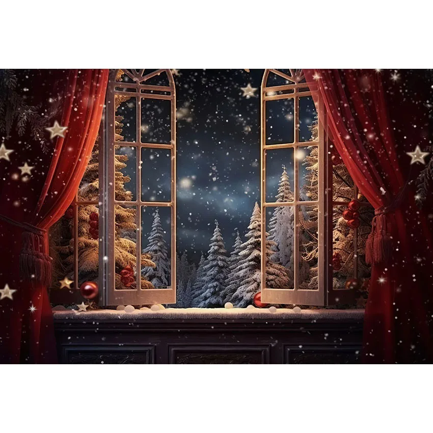 Avezano Christmas Window Backdrop Night Forest Snowy Xmas Trees Kids and Family Portrait Photography Background Photo Studio