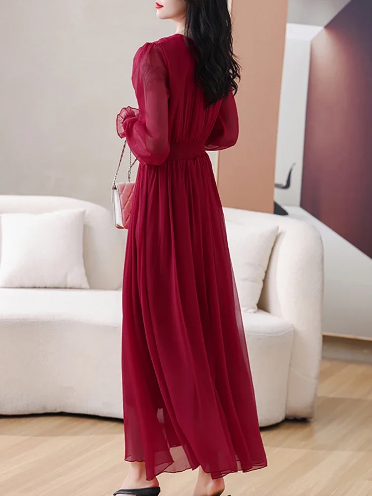 Red Chiffon V-Neck Luxury Evening Dress for Women Spring Summer Elegant Casual Dress 2024 Korean Fashion Bodycon Party Vestidos