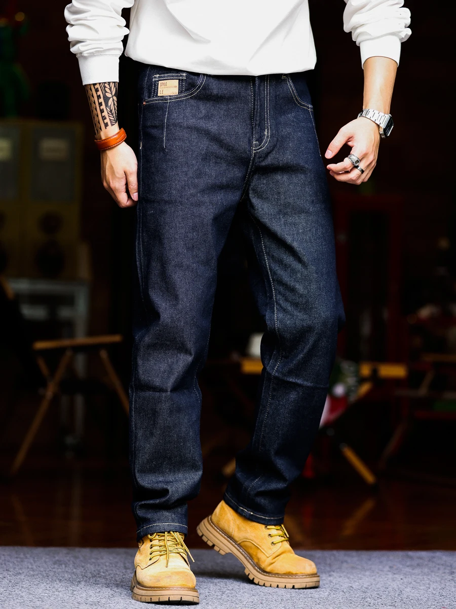 

Темно-синие джинсовые джинсы, мужские тяжелые эластичные повседневные длинные брюки Ameika Khaki Danning BGYO, хлопковые эластичные брюки в американском стиле ретро...