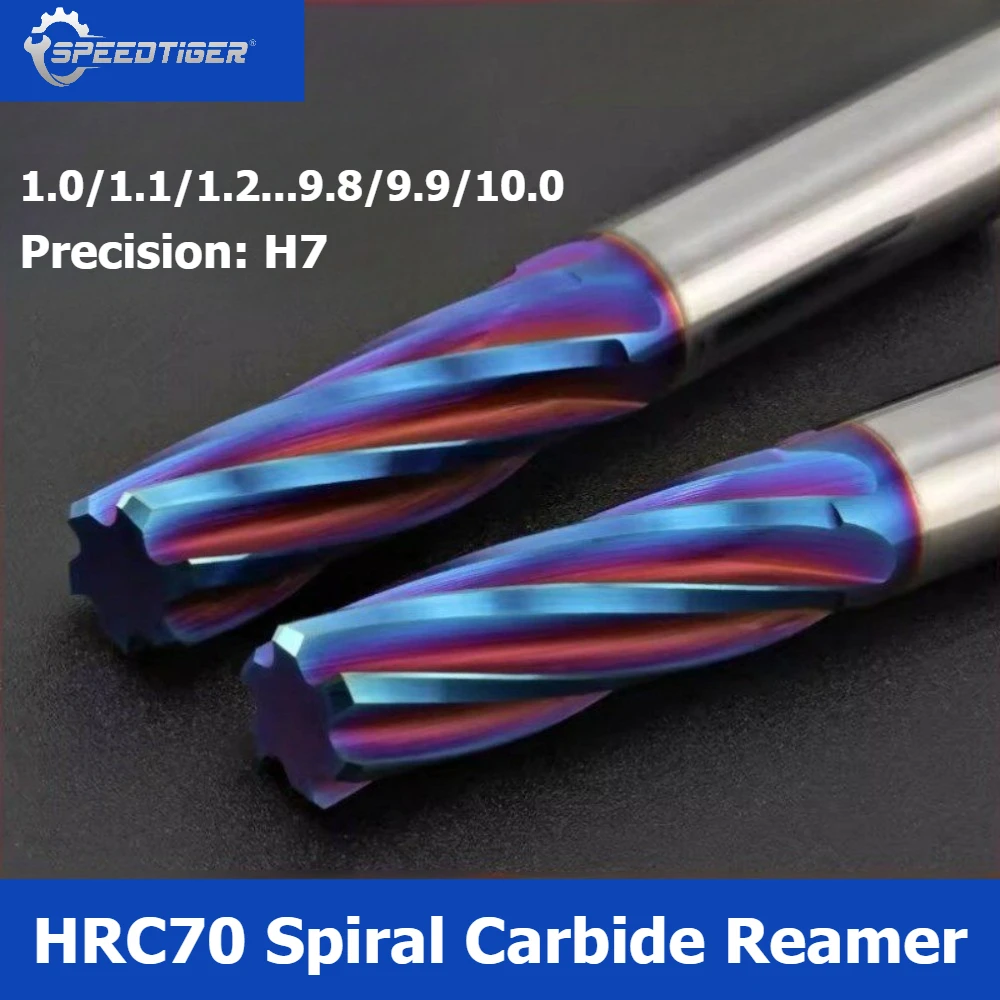 SPEEDTIGER HRC70 Spiral Groove Reamer Blue Coated Solid Carbide Extended Straight Shank High Precision H7 for Stainless Steel