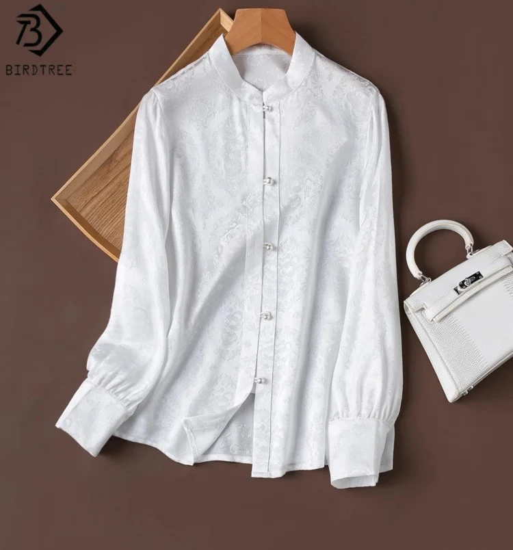 

Birdtree 20MM 100% Mulberry Silk White Shirt,Women Jacquard Satin Stand Collar Bead Buckle Full Sleeve Autumn Blouse T59403JF