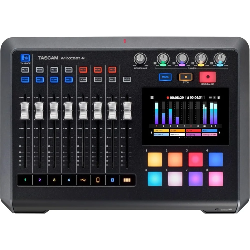

Mixcast 4 Podcast Streaming Mixer, Recorder, and USB Audio Interface — Four XLR/TRS Mic Inputs, Touch Screen