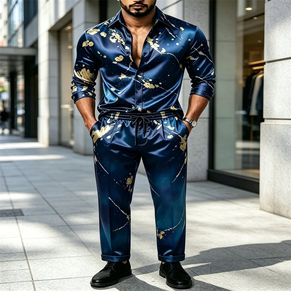 Men's brand new luxury set satin long sleeved men's shirt, gold print, casual drawstring pants, suitable for weddings and daily