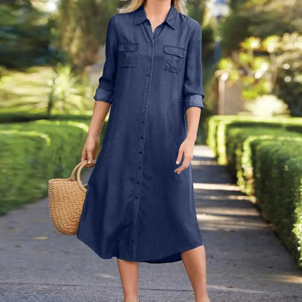 Vestido de camisa de peito único feminino, vestido Denim Midi, gola virada para baixo, ajuste solto, mangas compridas, bolsos múltiplos, monocromático, roupa feminina