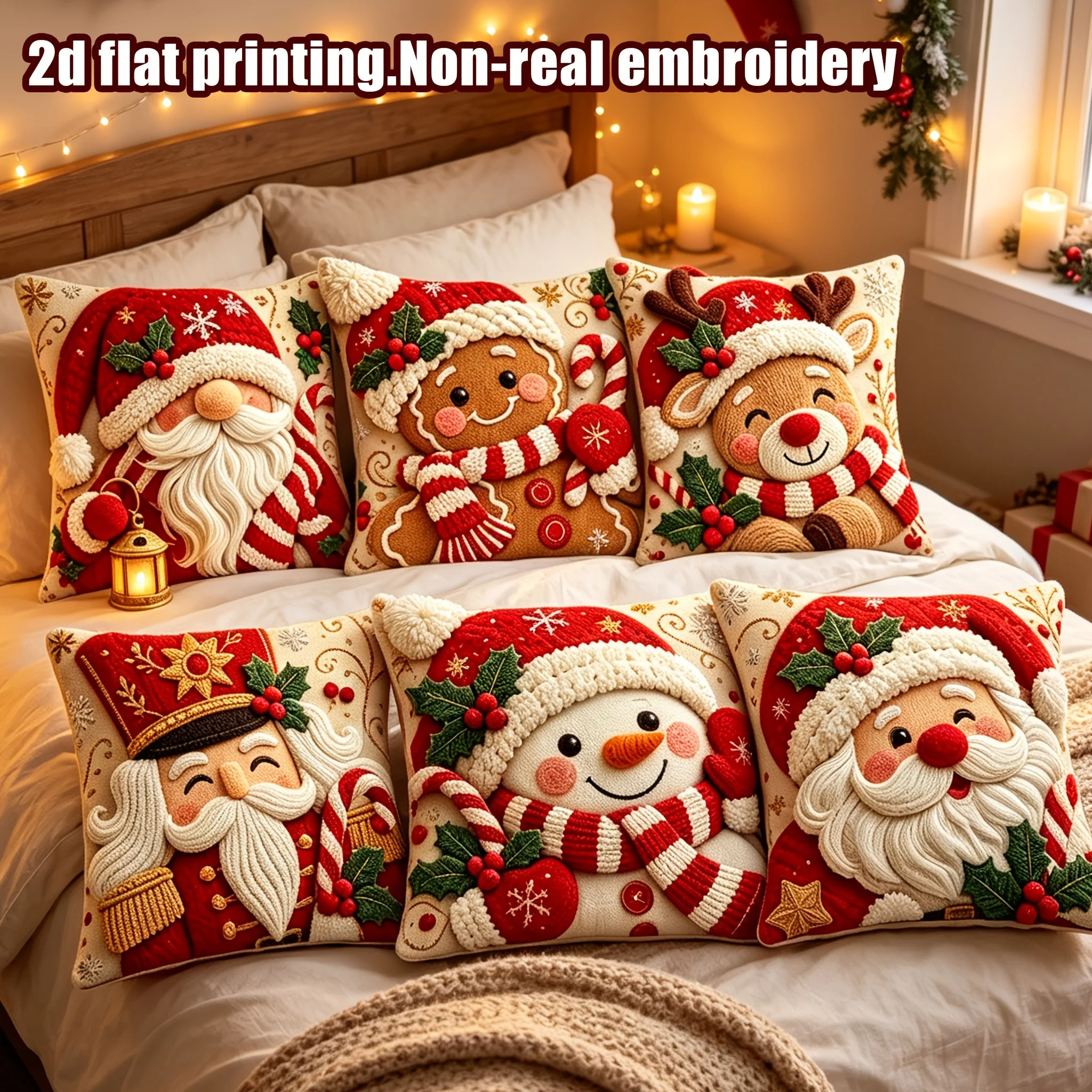 Christmas Pillow Cover 1pc Double Sided 2D Flat Printing Non-real Embroidery Santa Snowman Gingerbread Man Cushion Cover Sofa