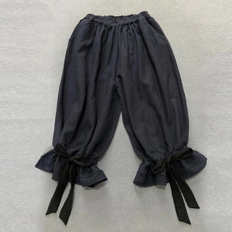 Imagem -03 - Johnature-calça Vintage de Linho para Mulheres Calça Solta na Altura do Tornozelo Monocromática Elástica na Cintura Casual Nova Verão e Outono 2024