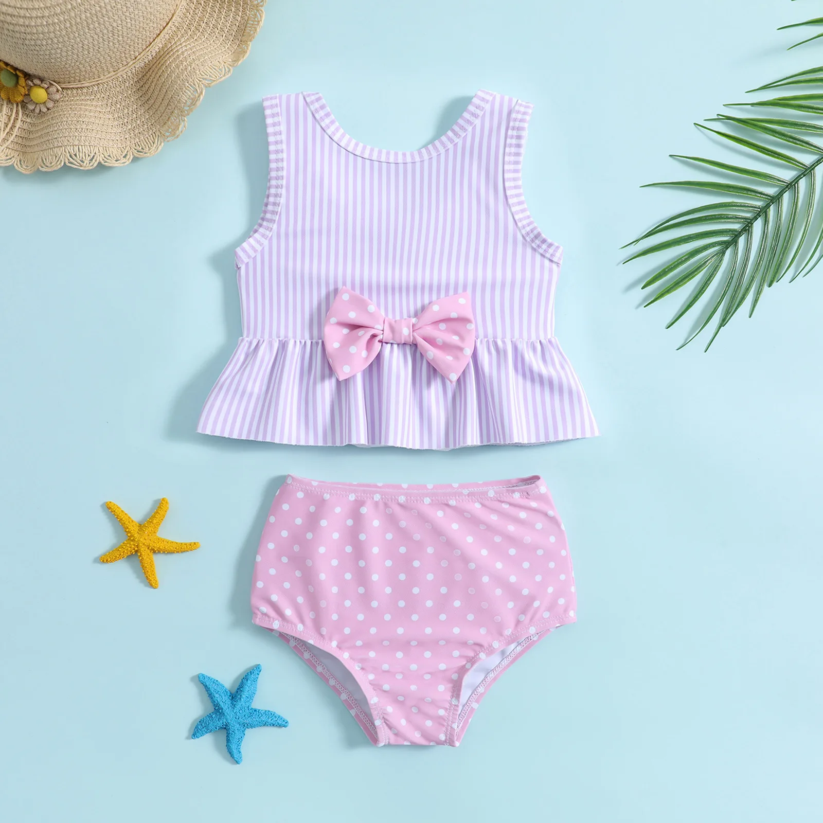 Baby two piece swimsuit with purple white stripe and polka dot print,bow design,suitable for seaside and pool play