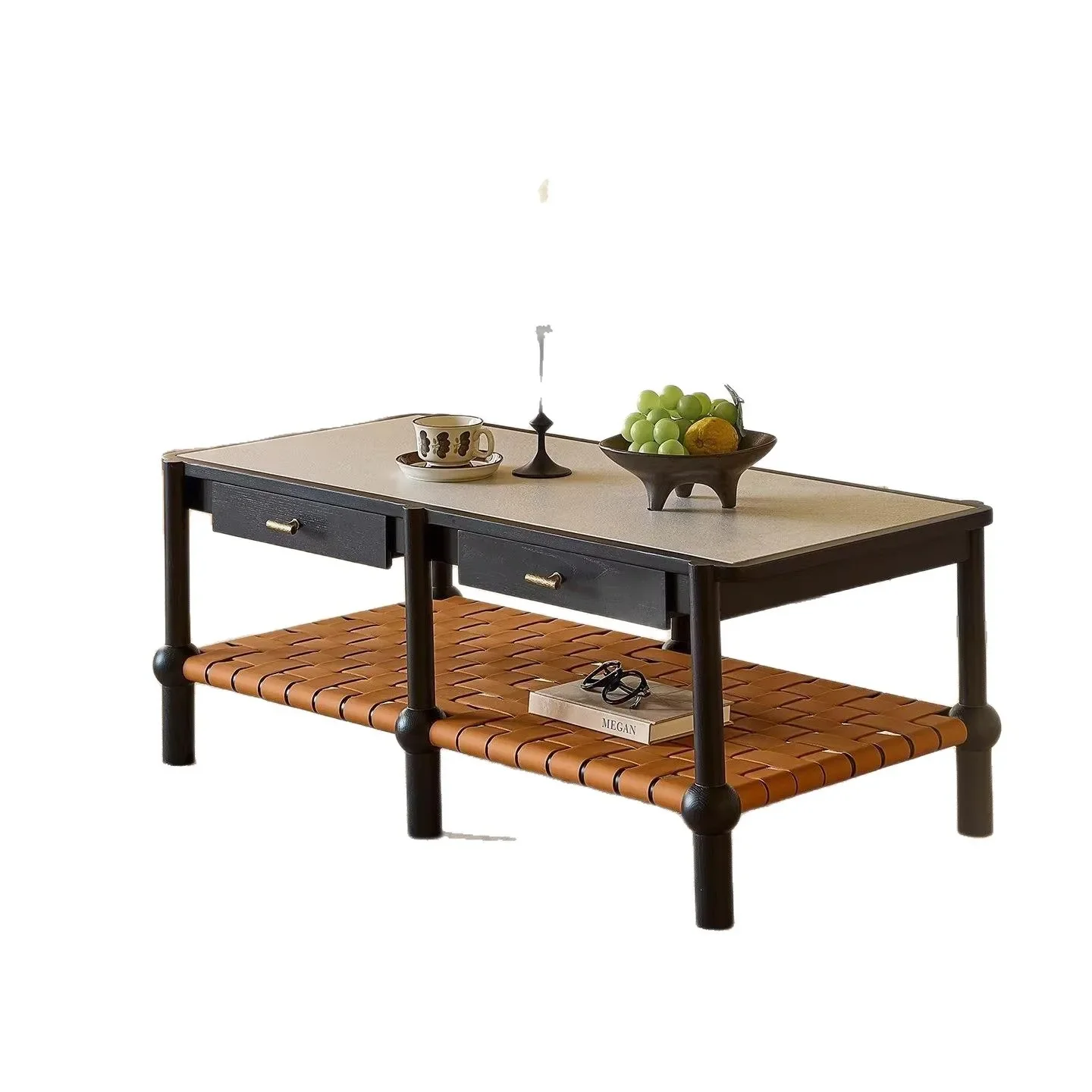 DSA solid wood coffee table black French retro small apartment living room rock slab double layer household rectangular tea