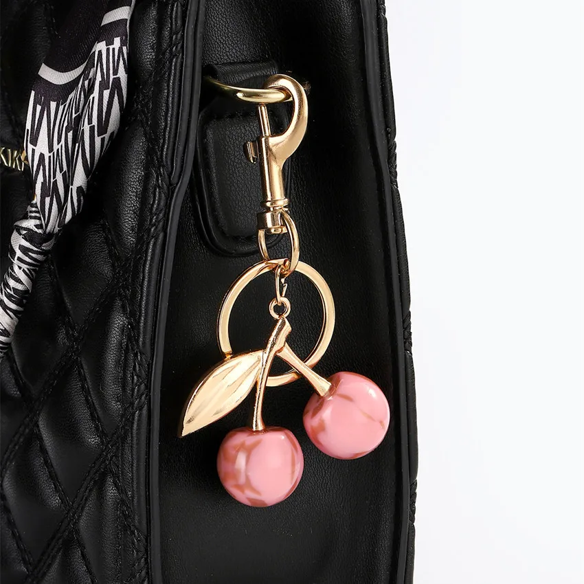 Retro Fashion Leopard Red Cherry Keychain Sparkling Pink Fruit Cherry Bag Pendant Car Keychain Gift Wholesale