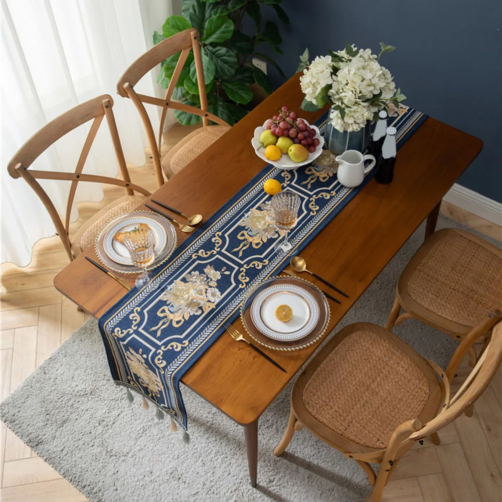 Embroidery Luxury Dining Table Runners,Jacquard Dresser Scarf With Multi-Tassels Table Runners TV Cabinet Cover Cloth