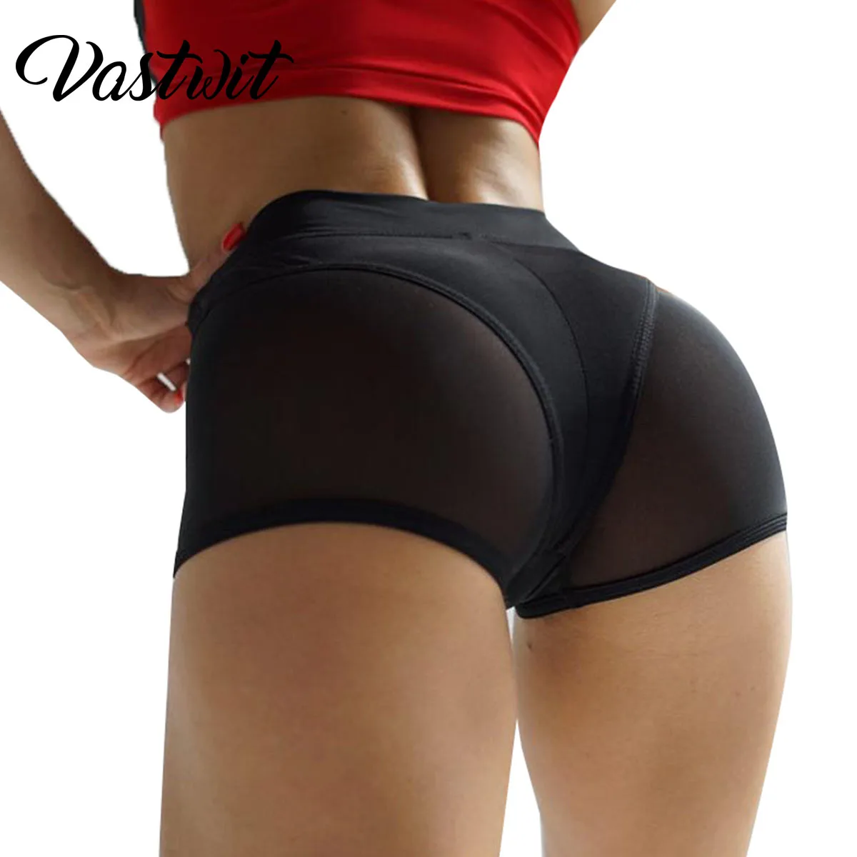 Women Sexy High Waist Workout Fitness Shorts Female Cheer Booty Dance Shorts See-through Mesh Patchwork Pole Dancing Clubwear