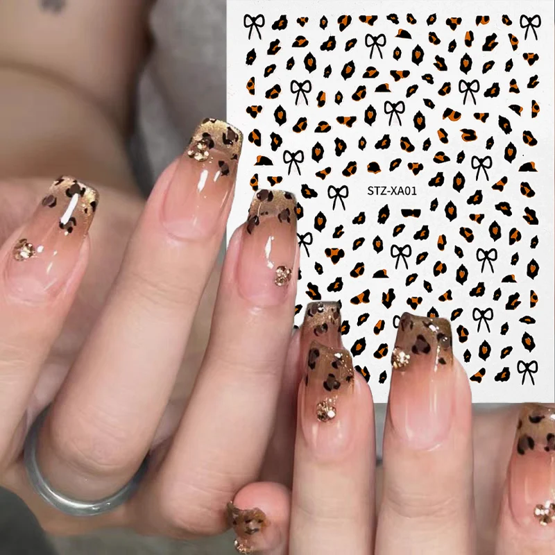 3pc Popular Leopard Print 3D Nail Stickers Cute Animal Print DIY Manicure Supplies French Korean Gold Black Bow Nails Art Decals