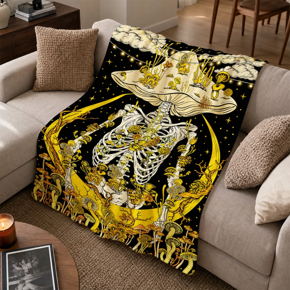 Bohemian Gothic Skeleton Mushroom Throw Blanket Boho Couch Cover Dark Art Academia Fall Spooky Decor Unique Sofa Throw Gift for