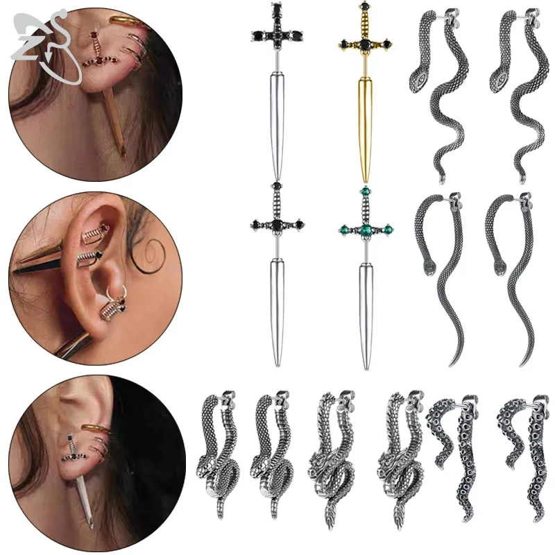 ZS 1/2PCS Punk Rock Gothic Stud Earring 316L Stainless Steel Snake Cross Ear Stud Gold Silver Color Ear Tragus Helix Piercings
