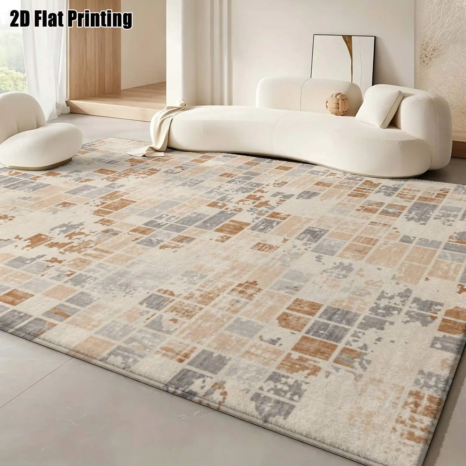 1Pc 2D Printed Retro Beige Geometric Vintage Nordic Minimalist European Home Decor Carpet, Machine Washable, Multi-Size, Suitable for Entrance, Dining, Foyer, Bedroom, Living Room