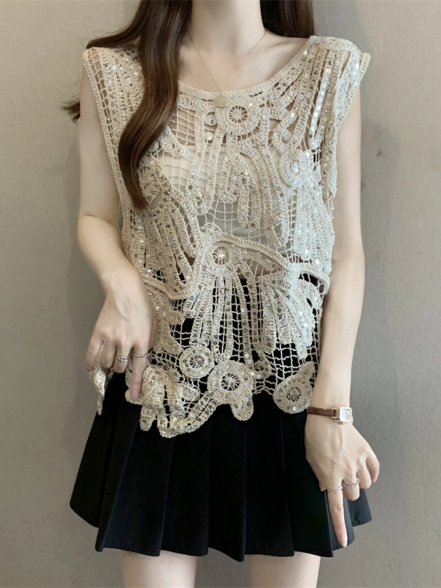 Summer Glitter Hollow out Strap Vest Women's Irregular Short Length Bright Sequin Top Outerwear Cover up Loose Fit Polyester ...