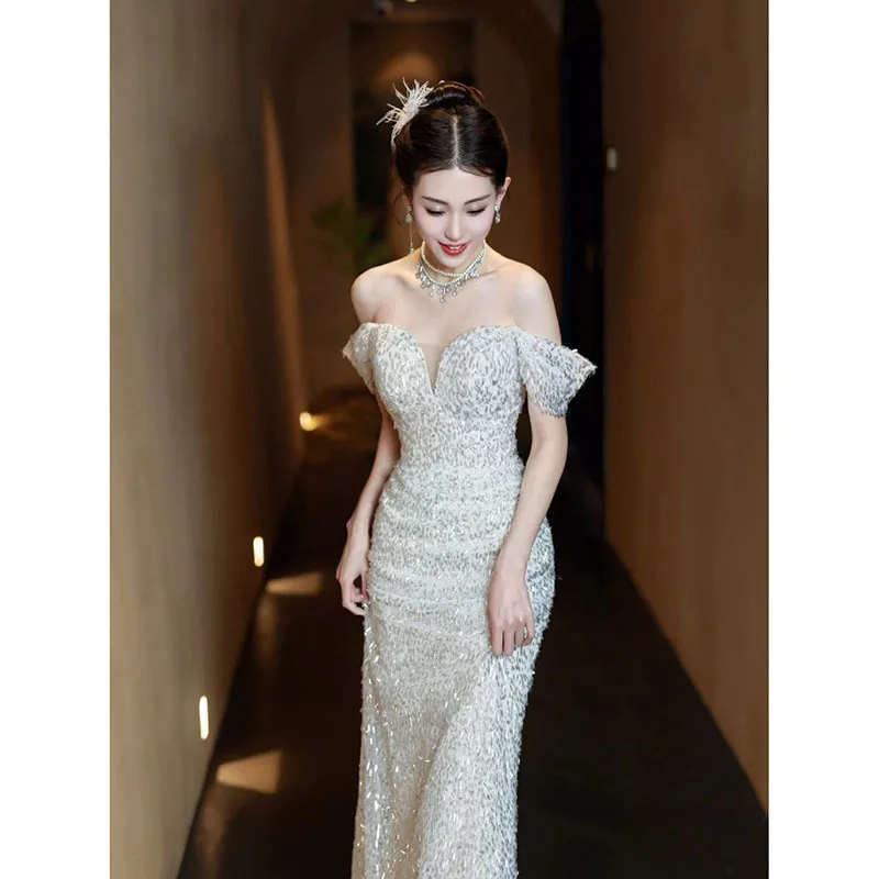 2024 Luxury Beading Mermaid Celebrity Dresses Boat Neck French Sequins Vintage Corset White High-end Wedding Party Bridal Gown