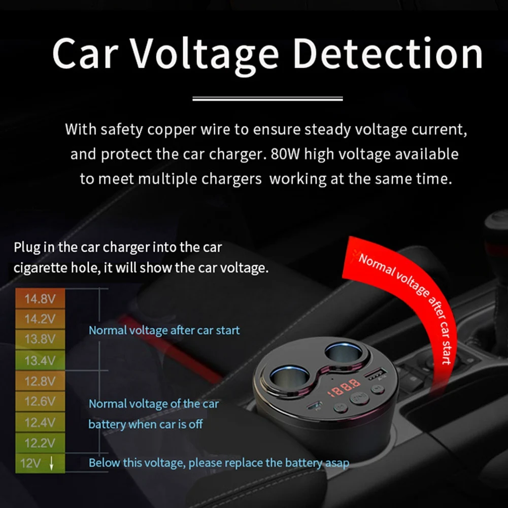 G63 Car Bluetooth 5.0 FM Transmitter -Cigarette Lighter Socket PD Type C USB Charger Music MP3 Player TF Card Handsfree