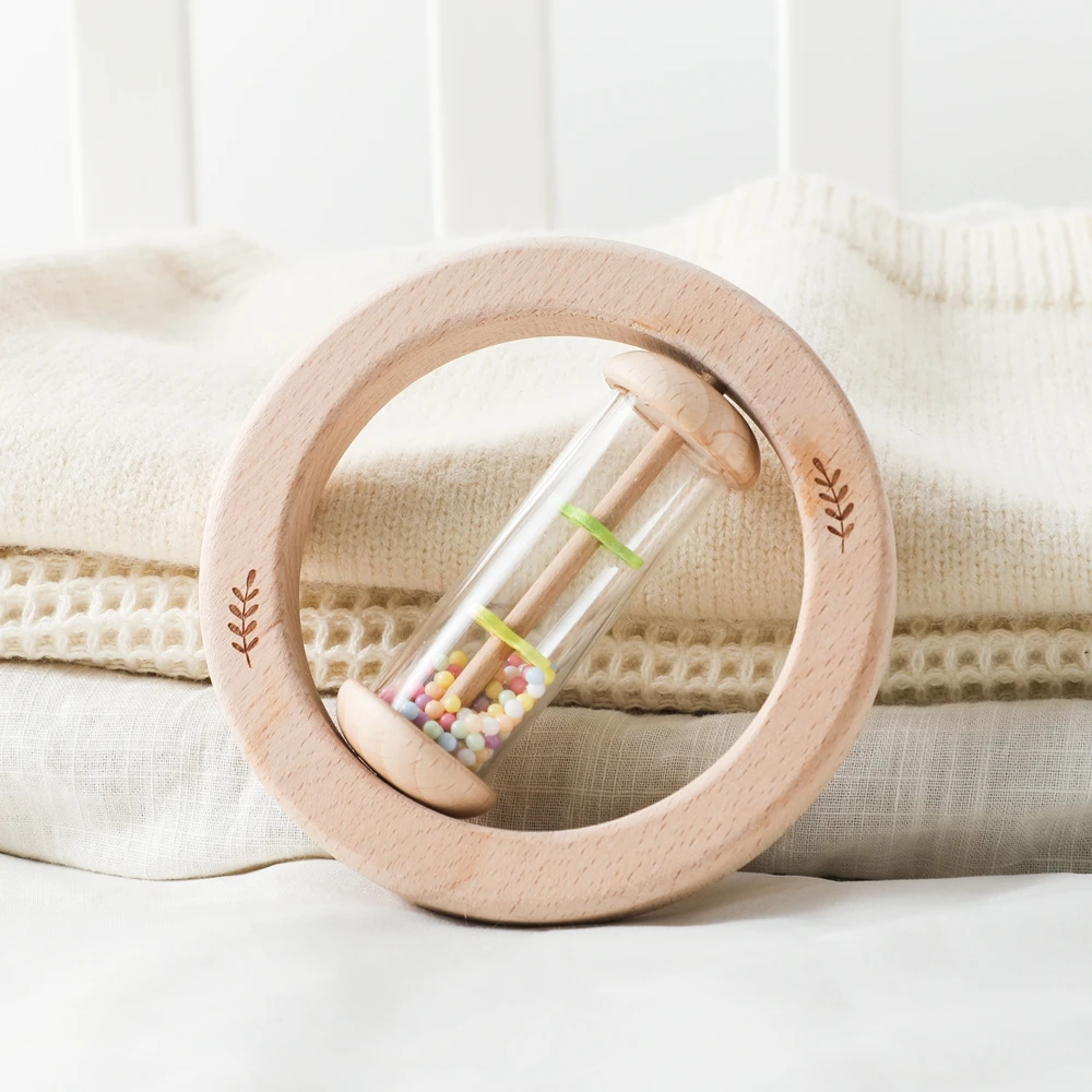 Round Rain Rattle – Wooden Sensory Toy with Colorful Spinning Beads & Bell, Natural Wood, Easy Grasp, Auditory & Motor Skills
