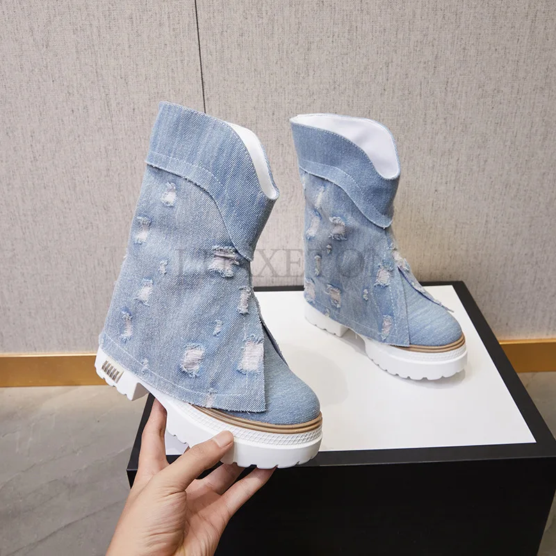 Slip-on Women Ankle Boots Height Increasing Thick Sole Retro Fashion High Top Women Shoes Spring Autumn Denim Women Boots