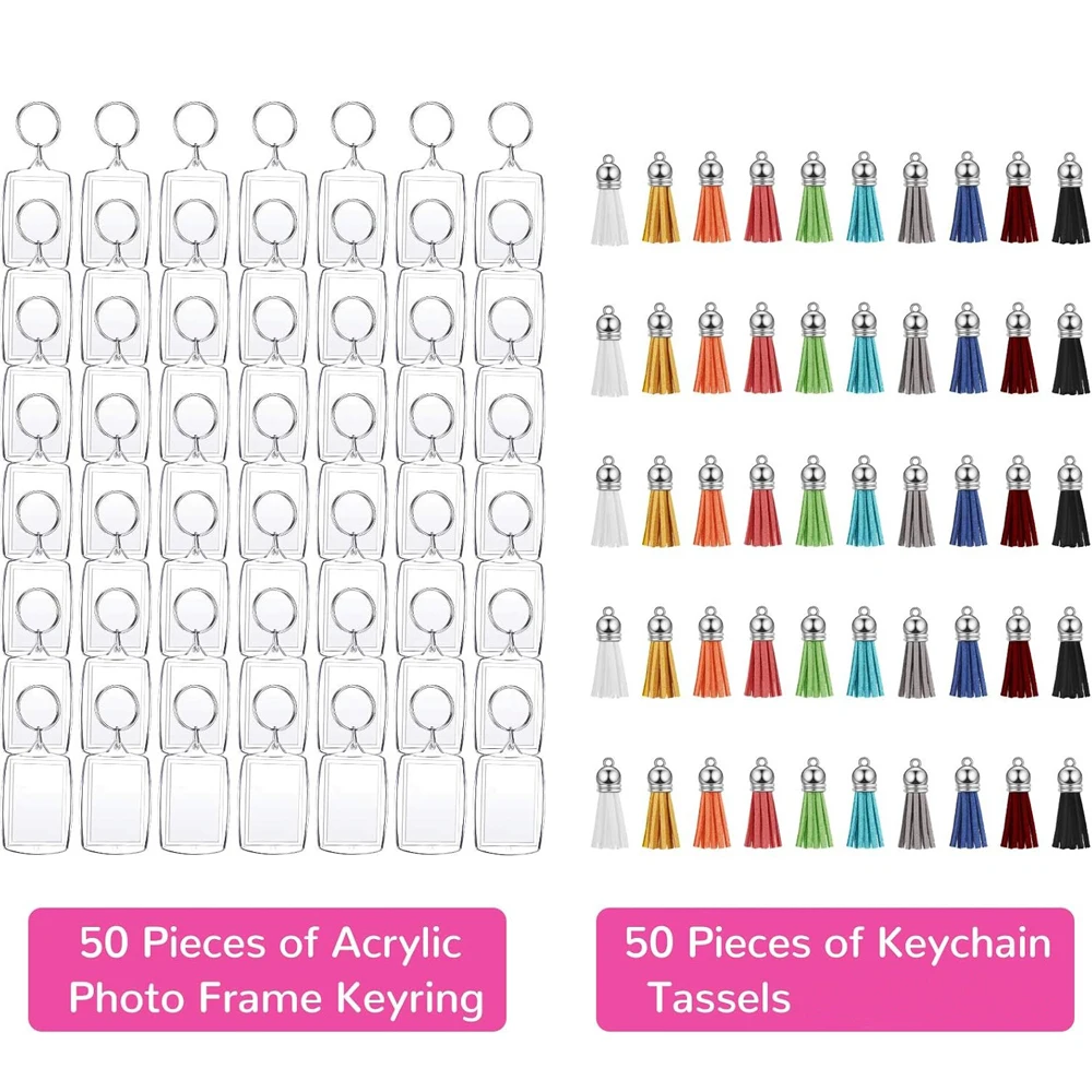 100PCS Rectangle Acrylic Photo Frame Keychain with Tassels Photo Insert Keyrings Blank for Double-Sided Photos DIY Supplies