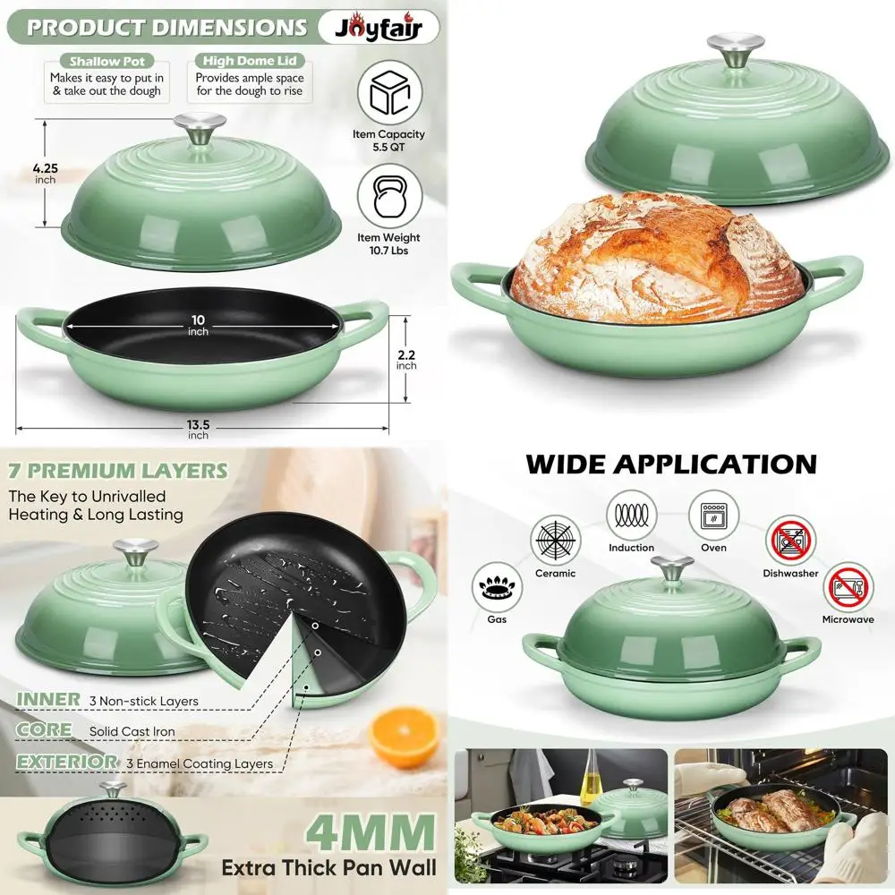 

Enameled Cast Iron Dutch Oven, 5.5-Quart, Pistachio Green, Oven-Safe for Sourdough Baking, Dual Handles, Non-Stick Interior